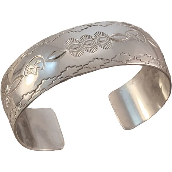 Belinda Woody Sterling Silver Navajo Stamped Wide Cuff Bracelet - Picture 1 of 10
